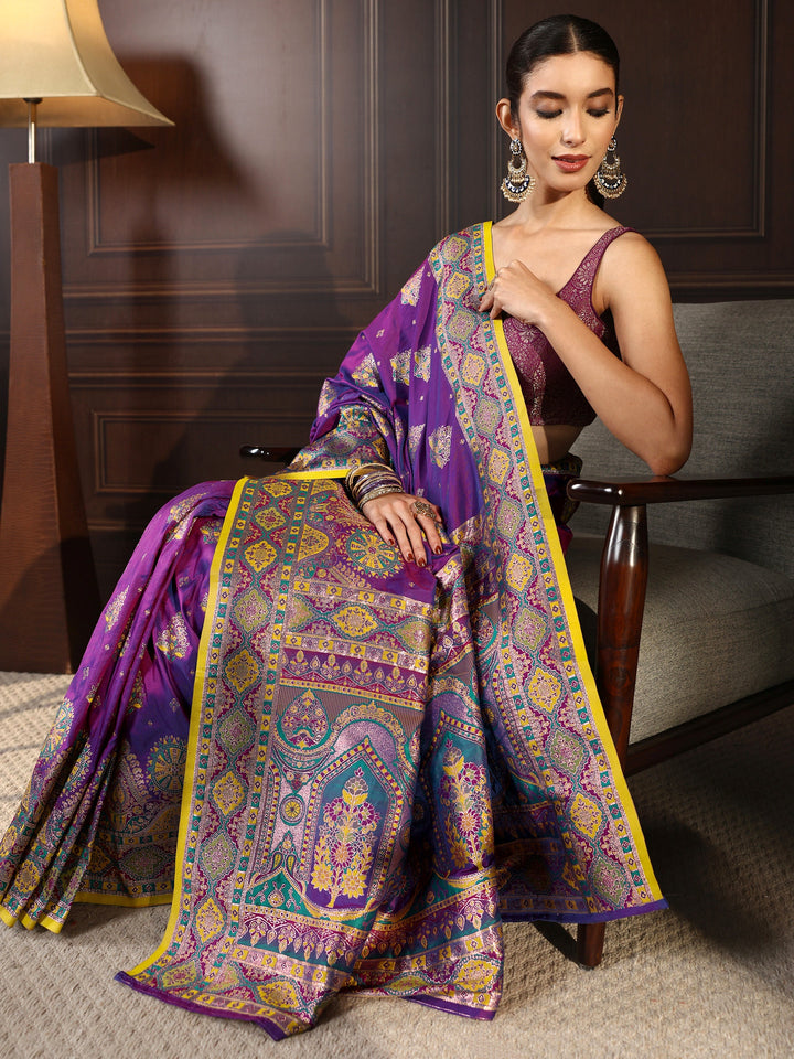 Libas Royal Purple Ethnic Woven Design Satin Saree