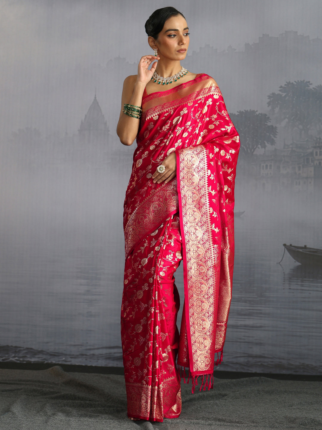Libas Red Banarasi Satin Tassel Saree