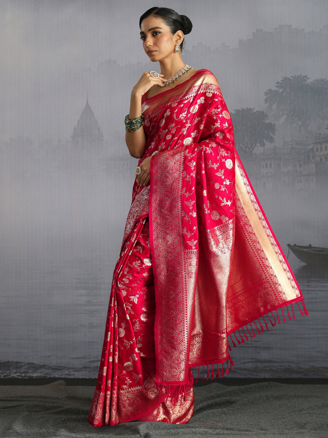 Libas Red Banarasi Satin Tassel Saree