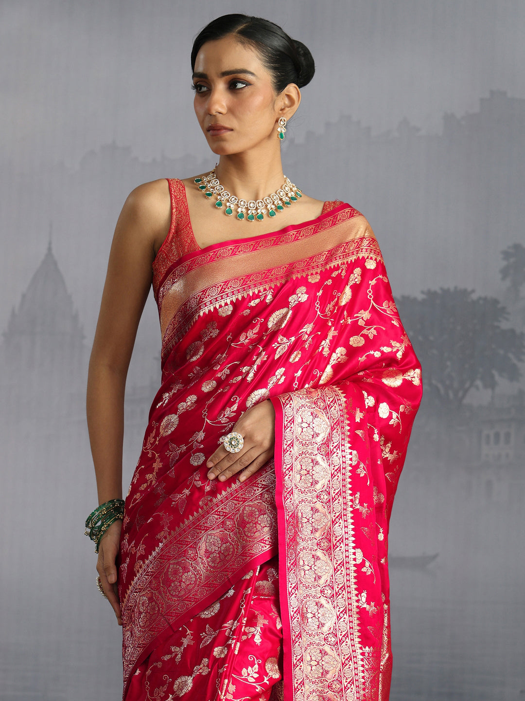 Libas Red Banarasi Satin Tassel Saree