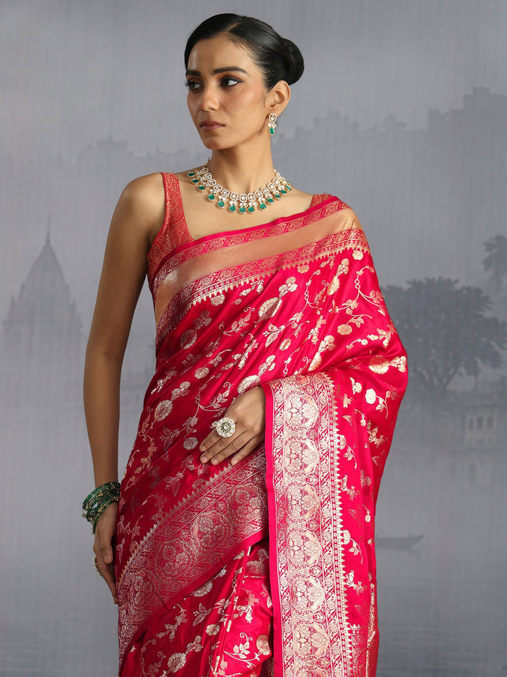 Libas Red Banarasi Satin Tassel Saree