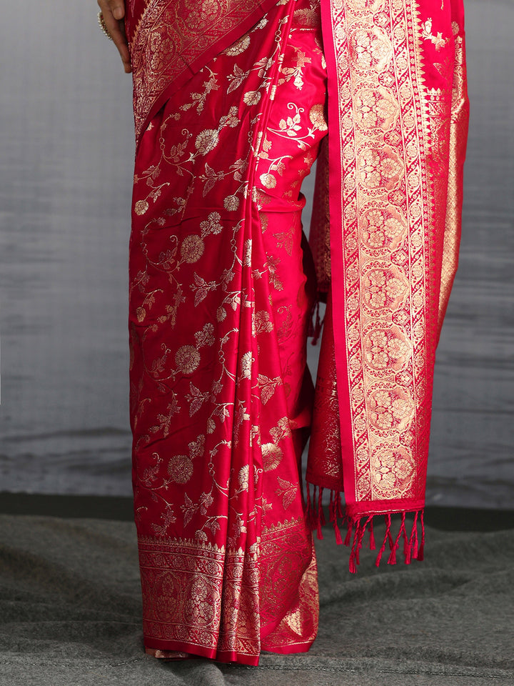 Libas Red Banarasi Satin Tassel Saree