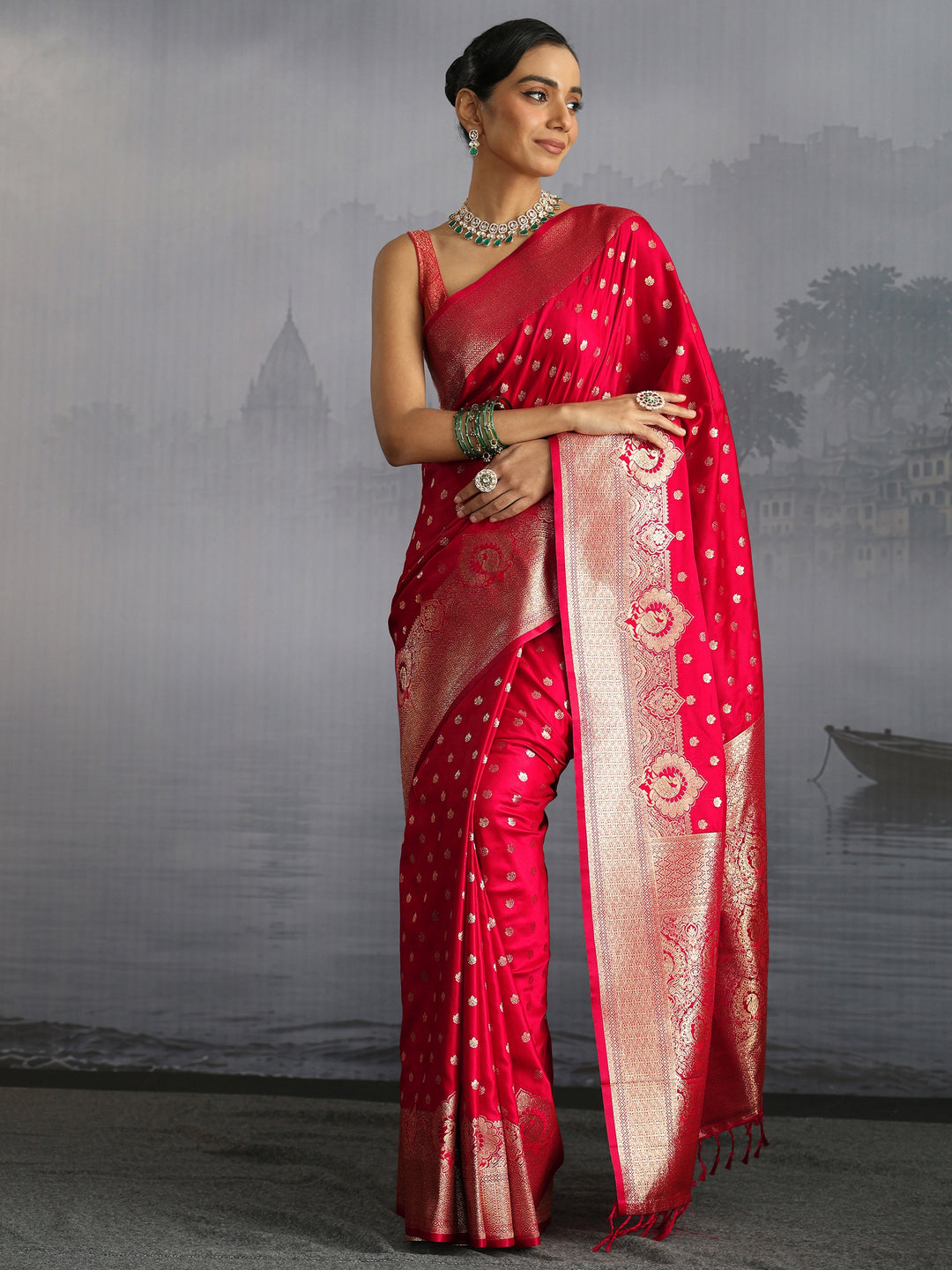 Libas Red Banarasi Satin Tassel Saree
