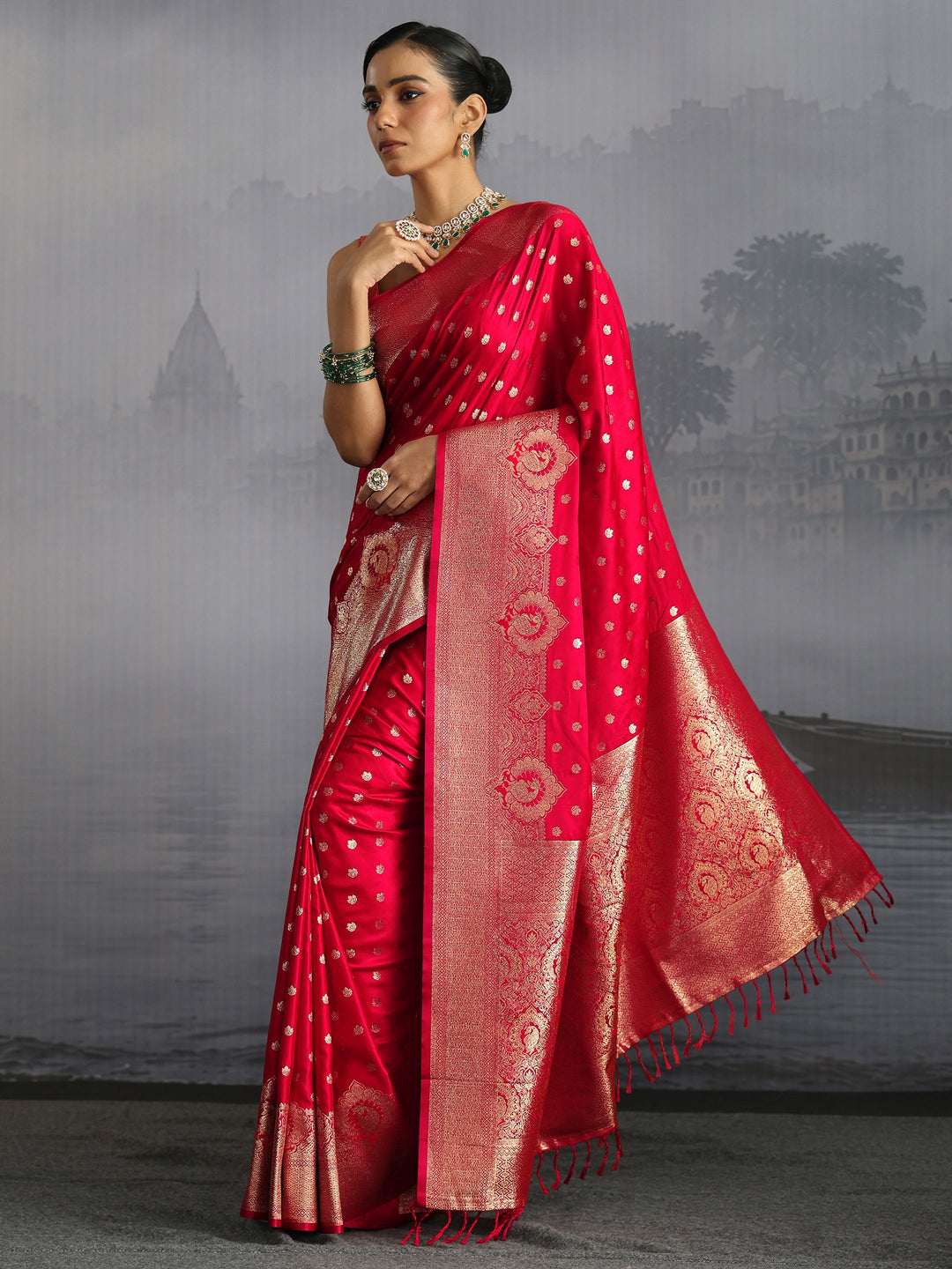 Libas Red Banarasi Satin Tassel Saree