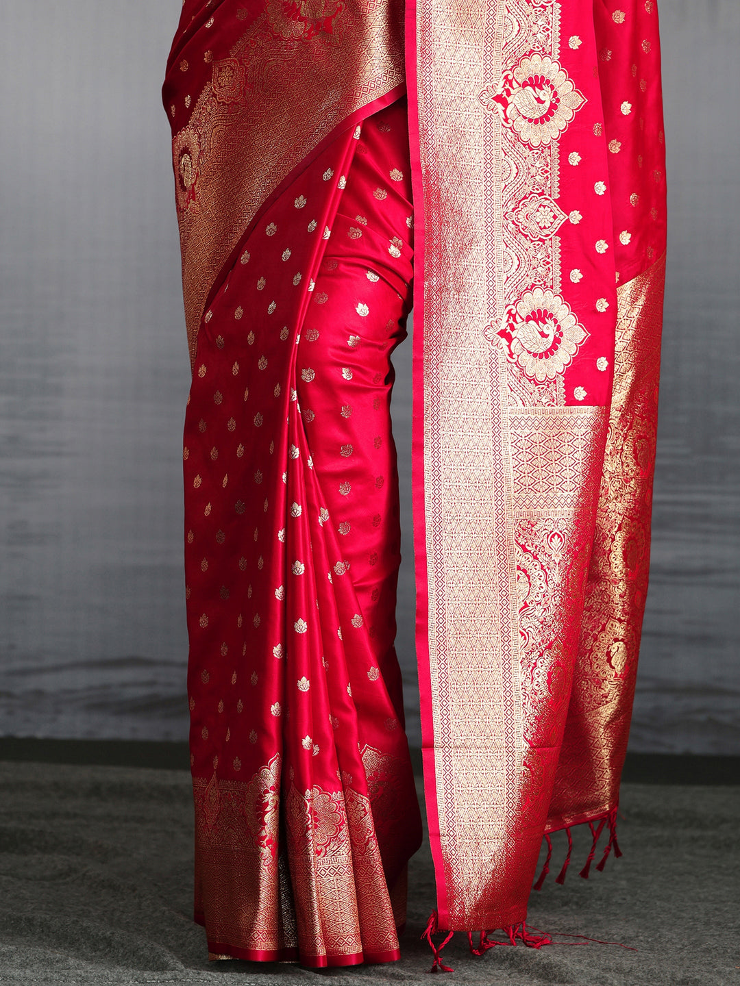 Libas Red Banarasi Satin Tassel Saree