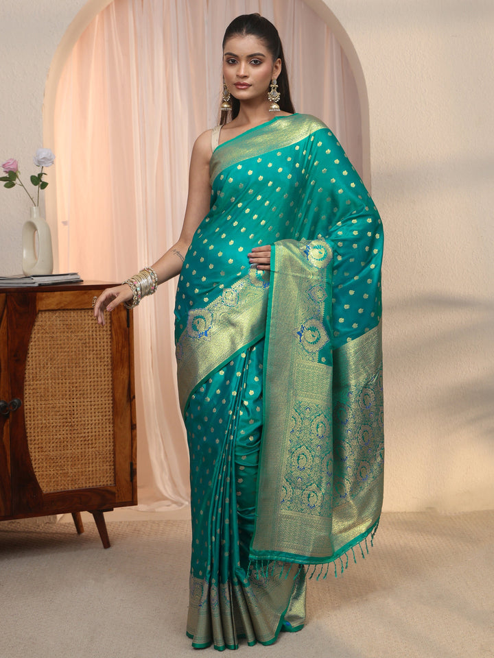 Libas Blue Banarasi Satin Tassel Saree