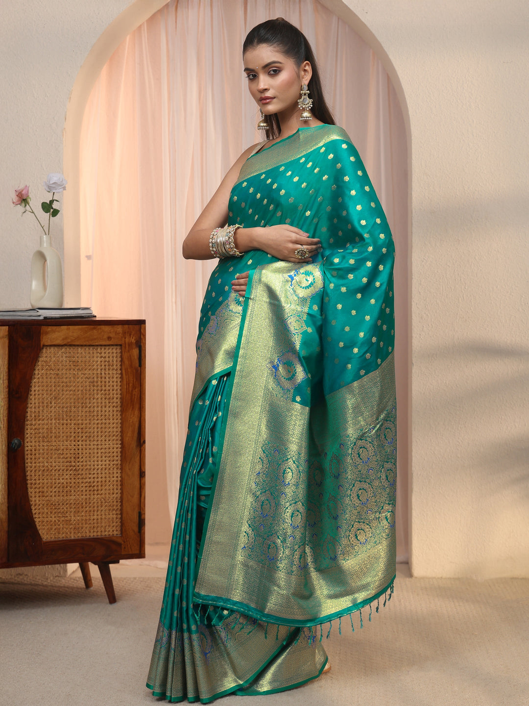 Libas Blue Banarasi Satin Tassel Saree