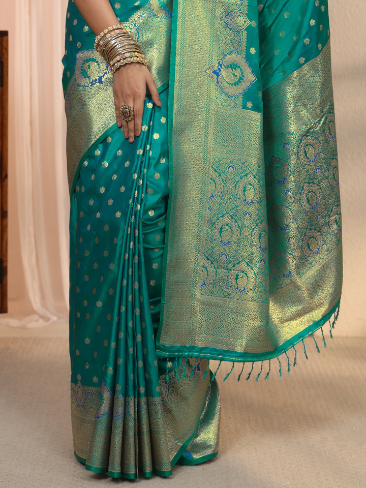 Libas Blue Banarasi Satin Tassel Saree