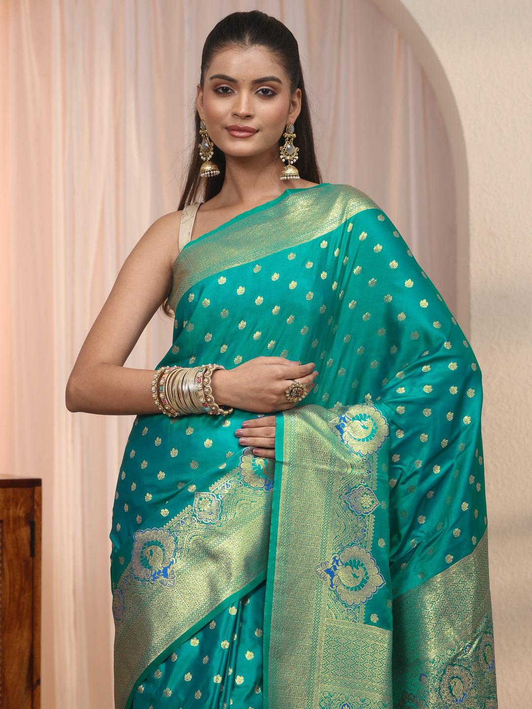 Libas Blue Banarasi Satin Tassel Saree