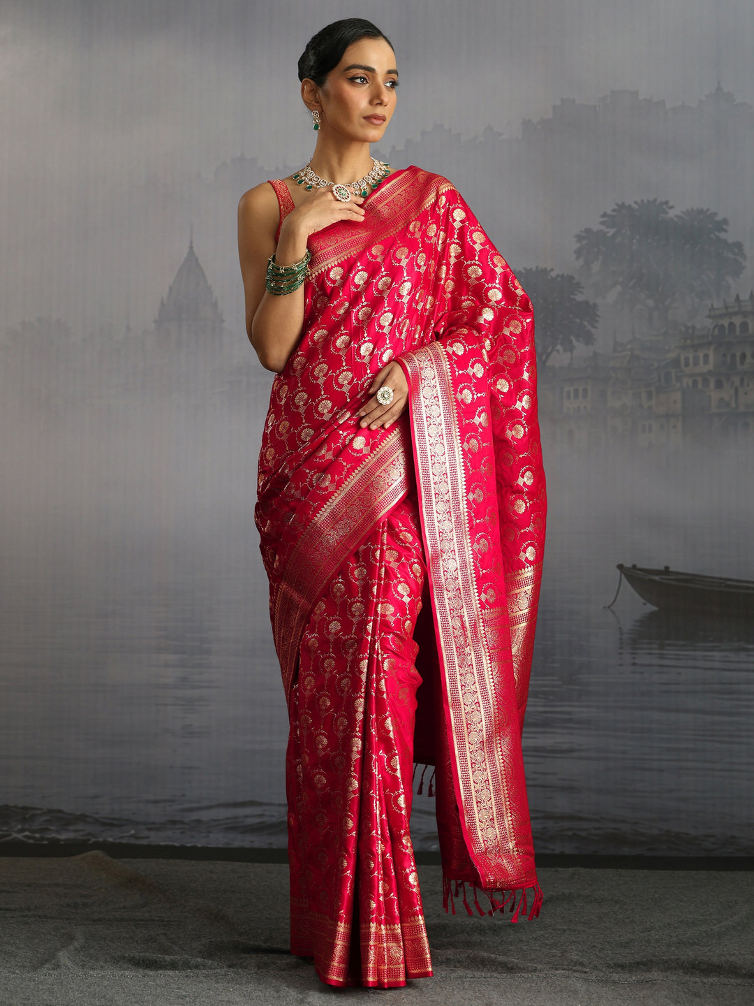 Libas Red Banarasi Satin Tassel Saree
