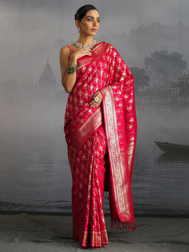 Libas Red Banarasi Satin Tassel Saree