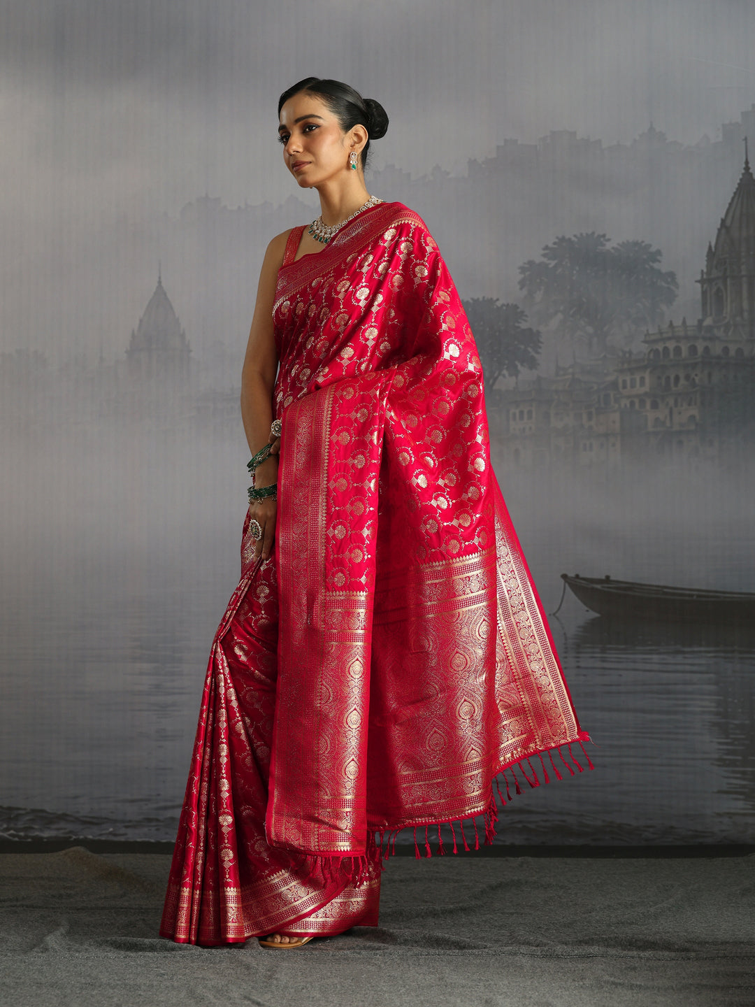 Libas Red Banarasi Satin Tassel Saree