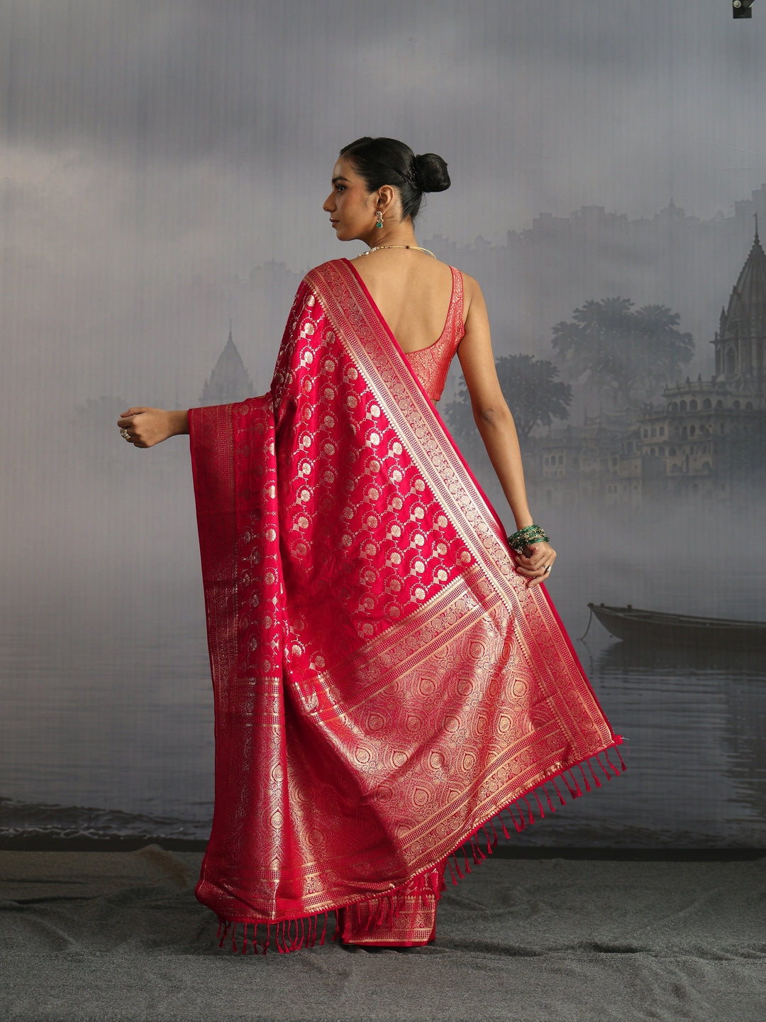 Libas Red Banarasi Satin Tassel Saree