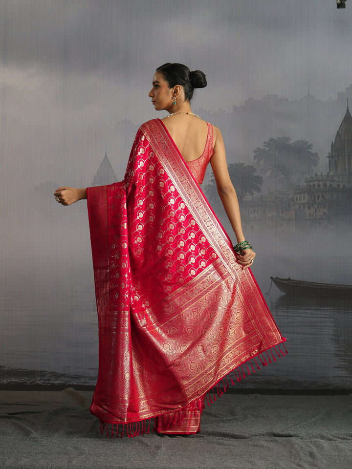 Libas Red Banarasi Satin Tassel Saree