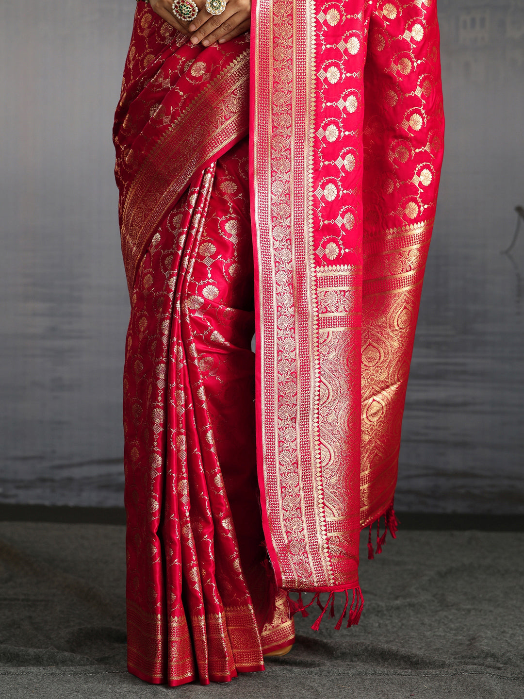 Libas Red Banarasi Satin Tassel Saree