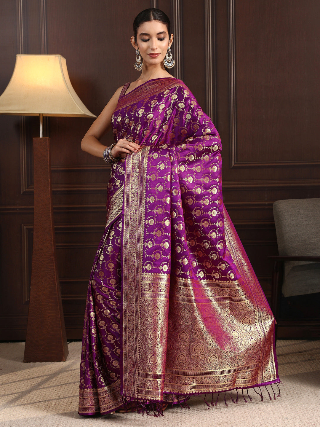 Libas Royal Purple Ethnic Woven Design Satin Tassel Saree