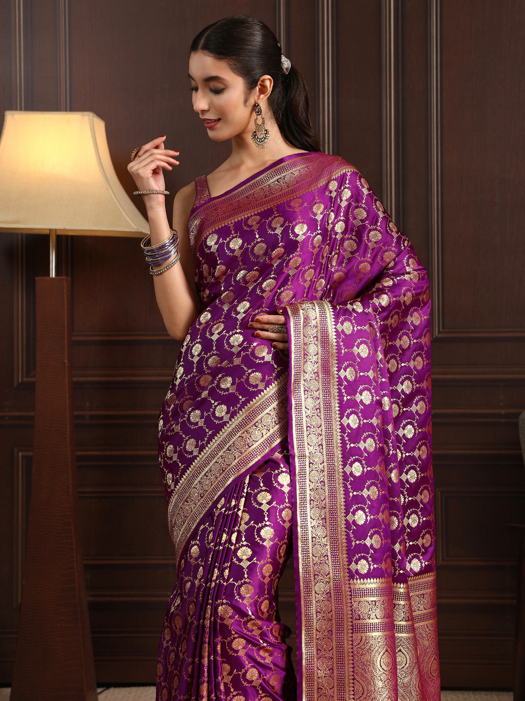 Libas Royal Purple Ethnic Woven Design Satin Tassel Saree