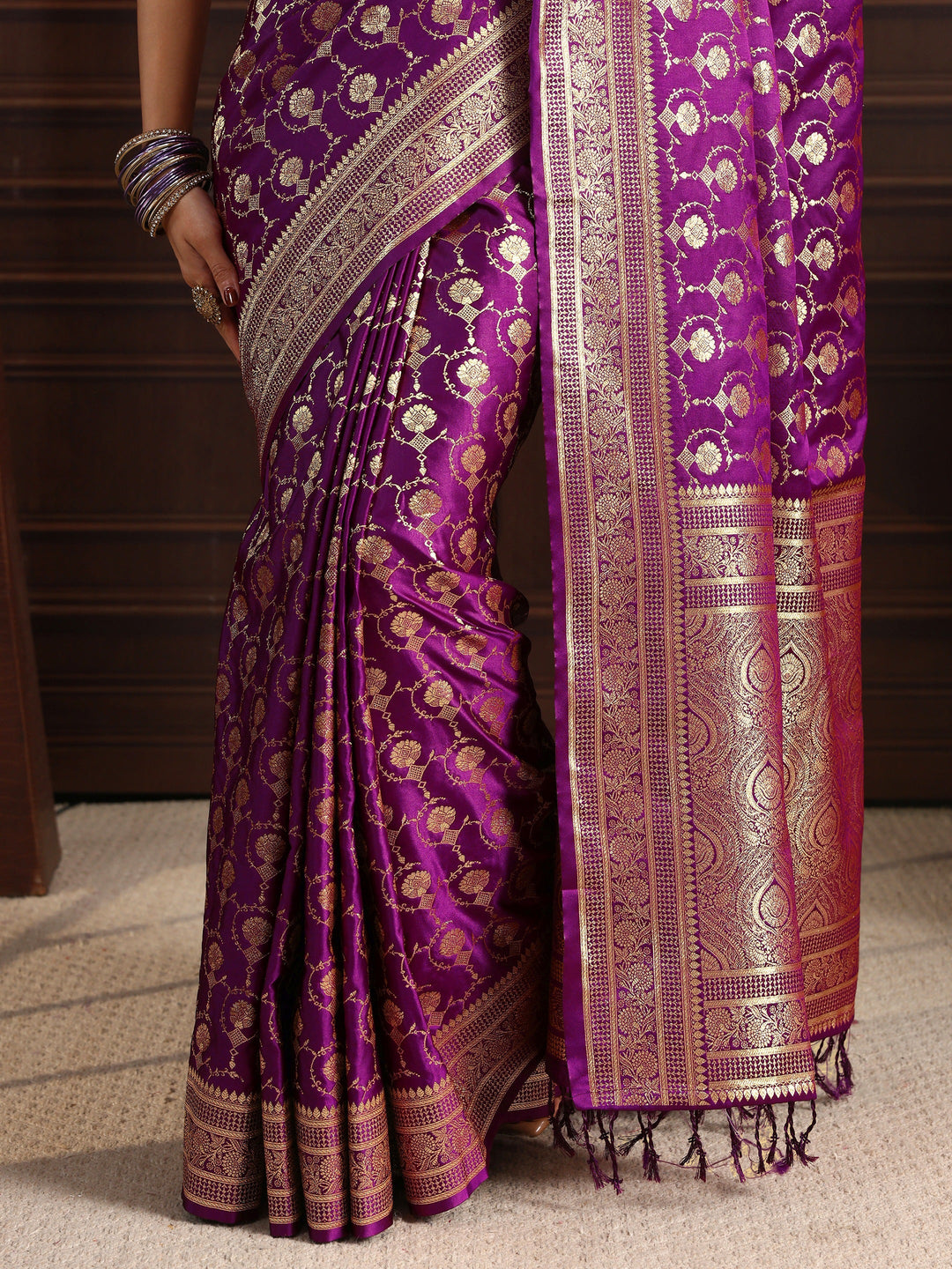 Libas Royal Purple Ethnic Woven Design Satin Tassel Saree