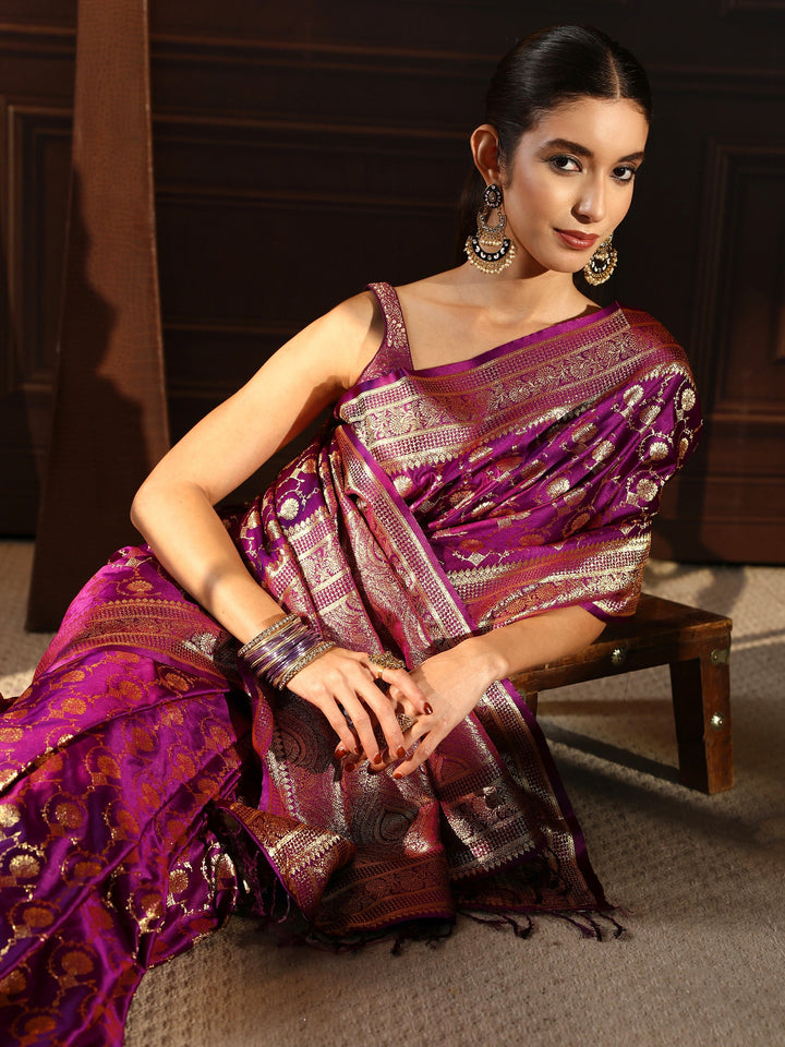 Libas Royal Purple Ethnic Woven Design Satin Tassel Saree