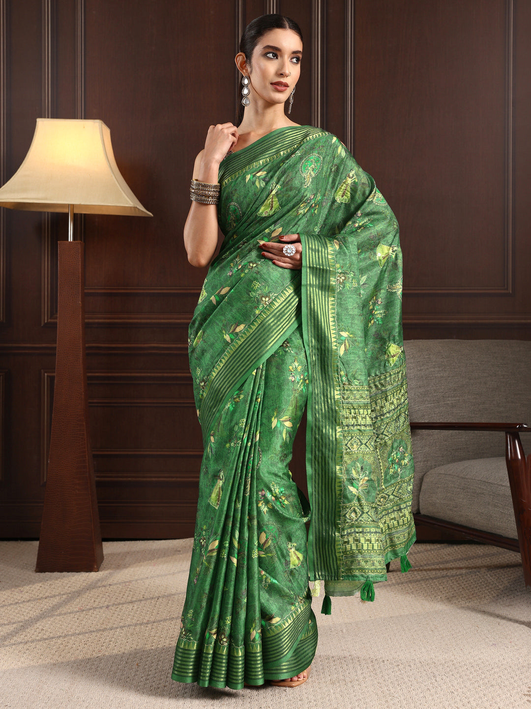 Libas Green Mughal Print Silk Blend Tassel Saree