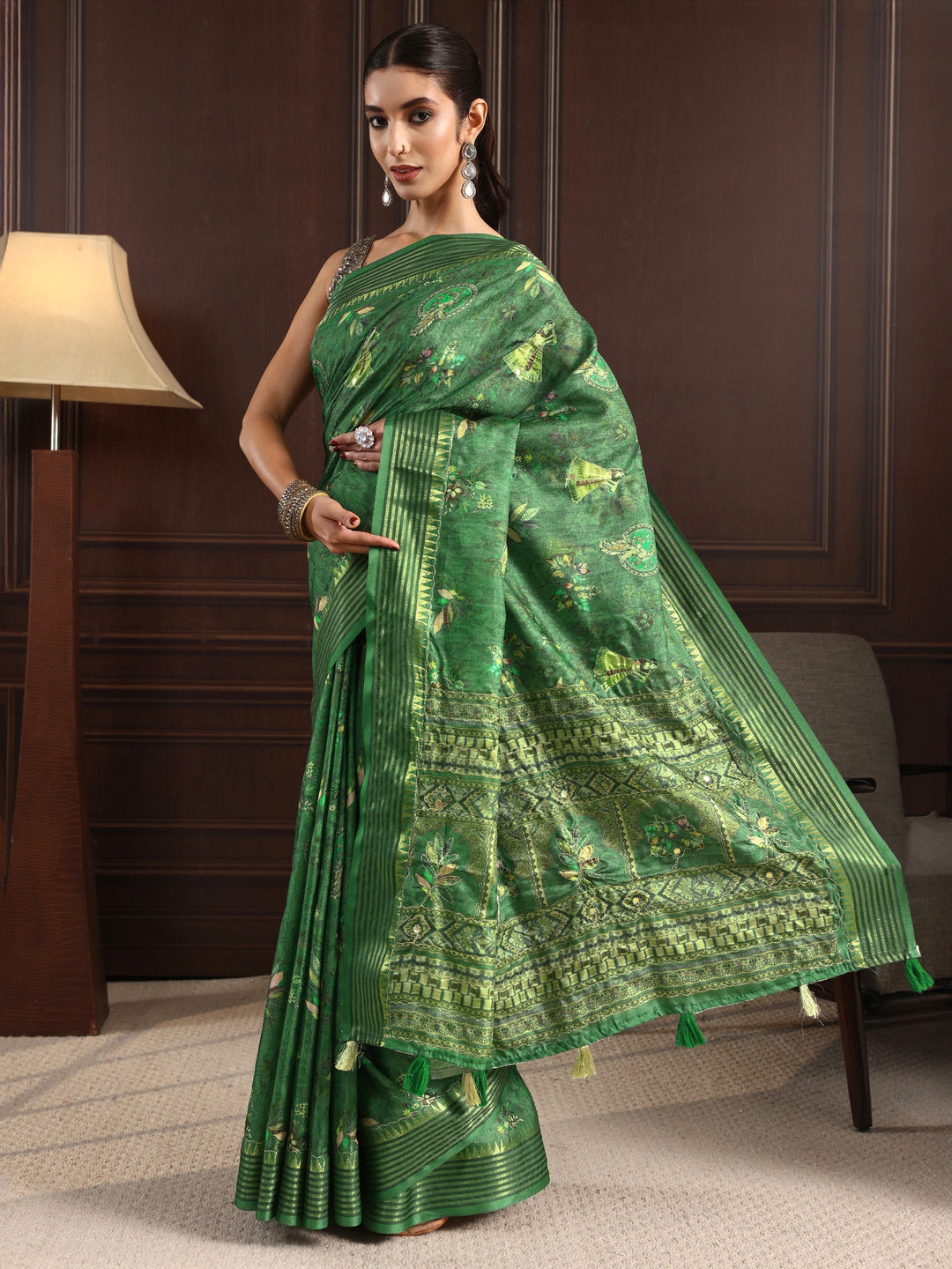 Libas Green Mughal Print Silk Blend Tassel Saree