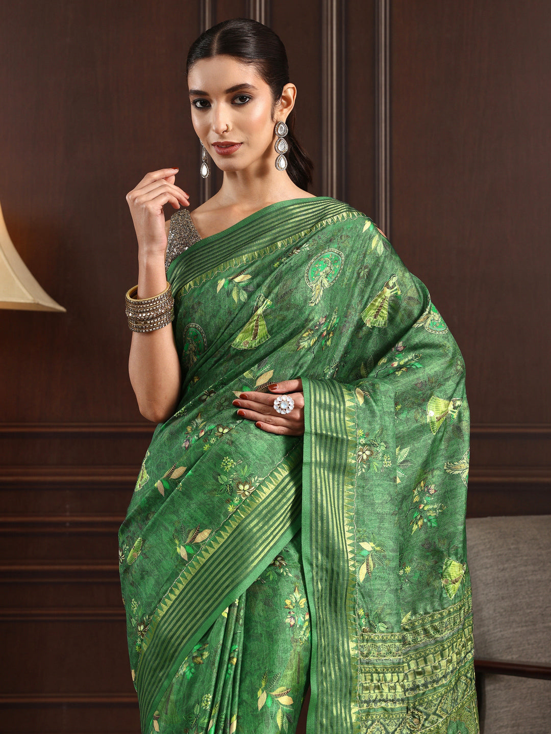 Libas Green Mughal Print Silk Blend Tassel Saree