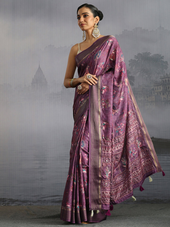 Libas Purple Embroidered Motifs Printed Silk Blend Tassel Saree