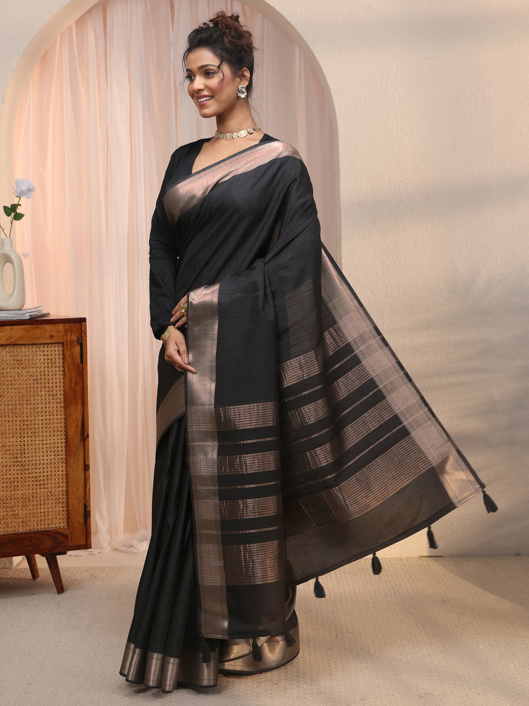 Libas Black Woven Border Silk Blend Tassel Saree