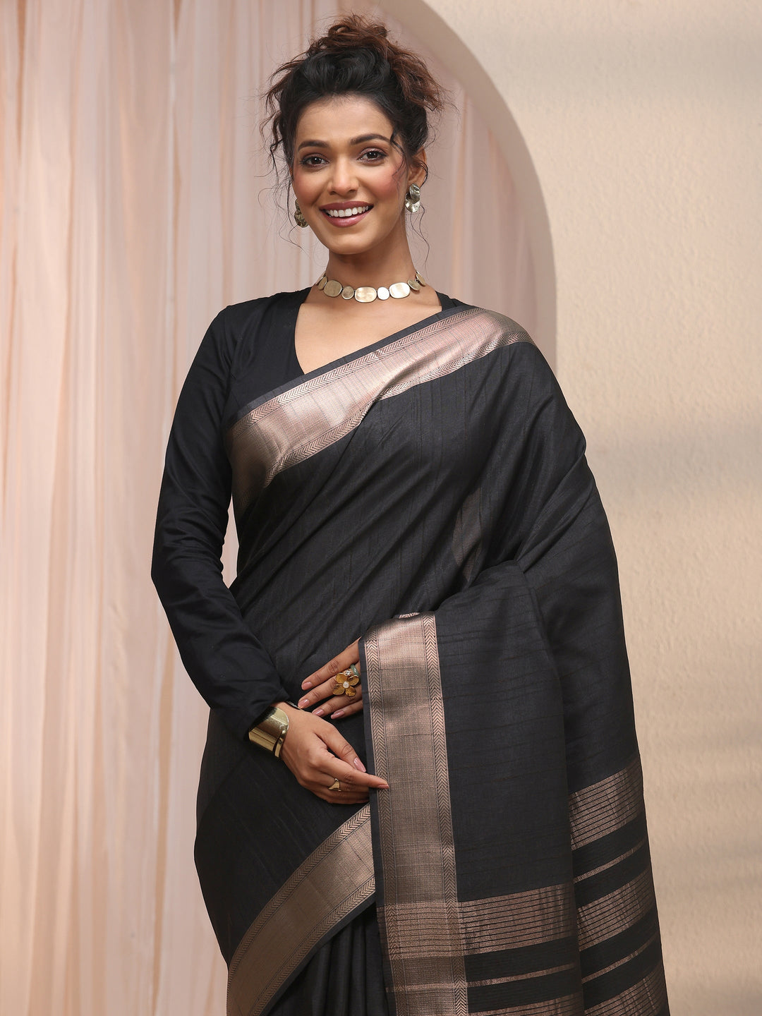 Libas Black Woven Border Silk Blend Tassel Saree