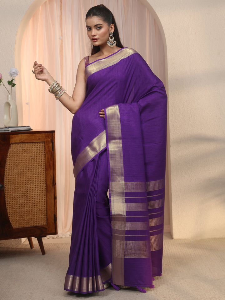 Libas Purple Woven Border Silk Blend Tassel Saree