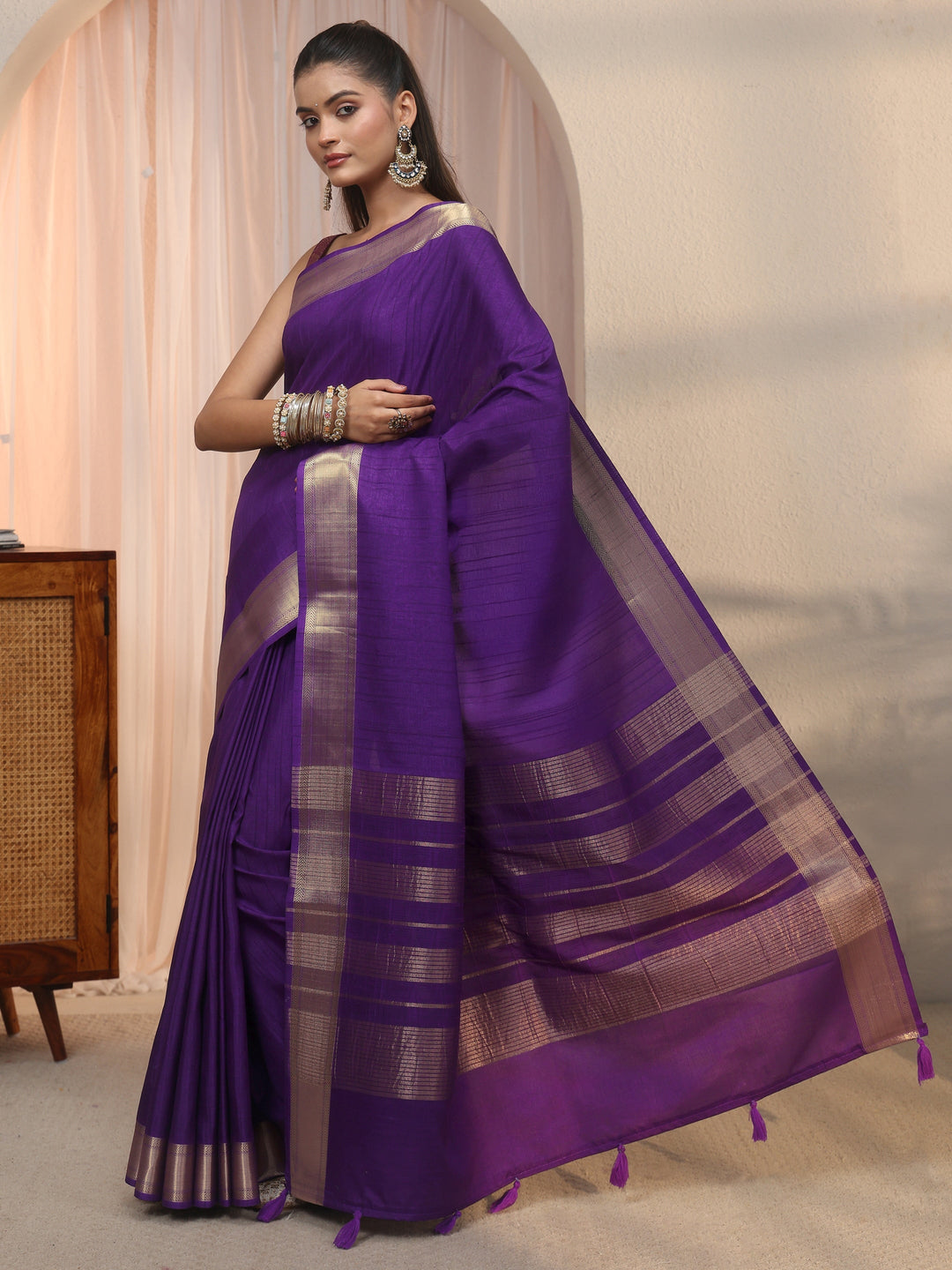 Libas Purple Woven Border Silk Blend Tassel Saree