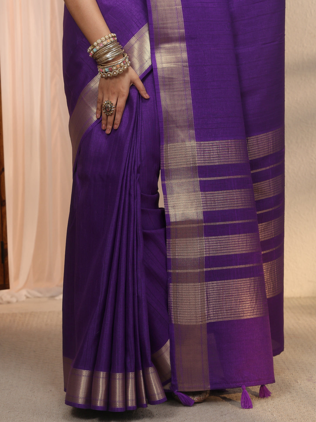 Libas Purple Woven Border Silk Blend Tassel Saree