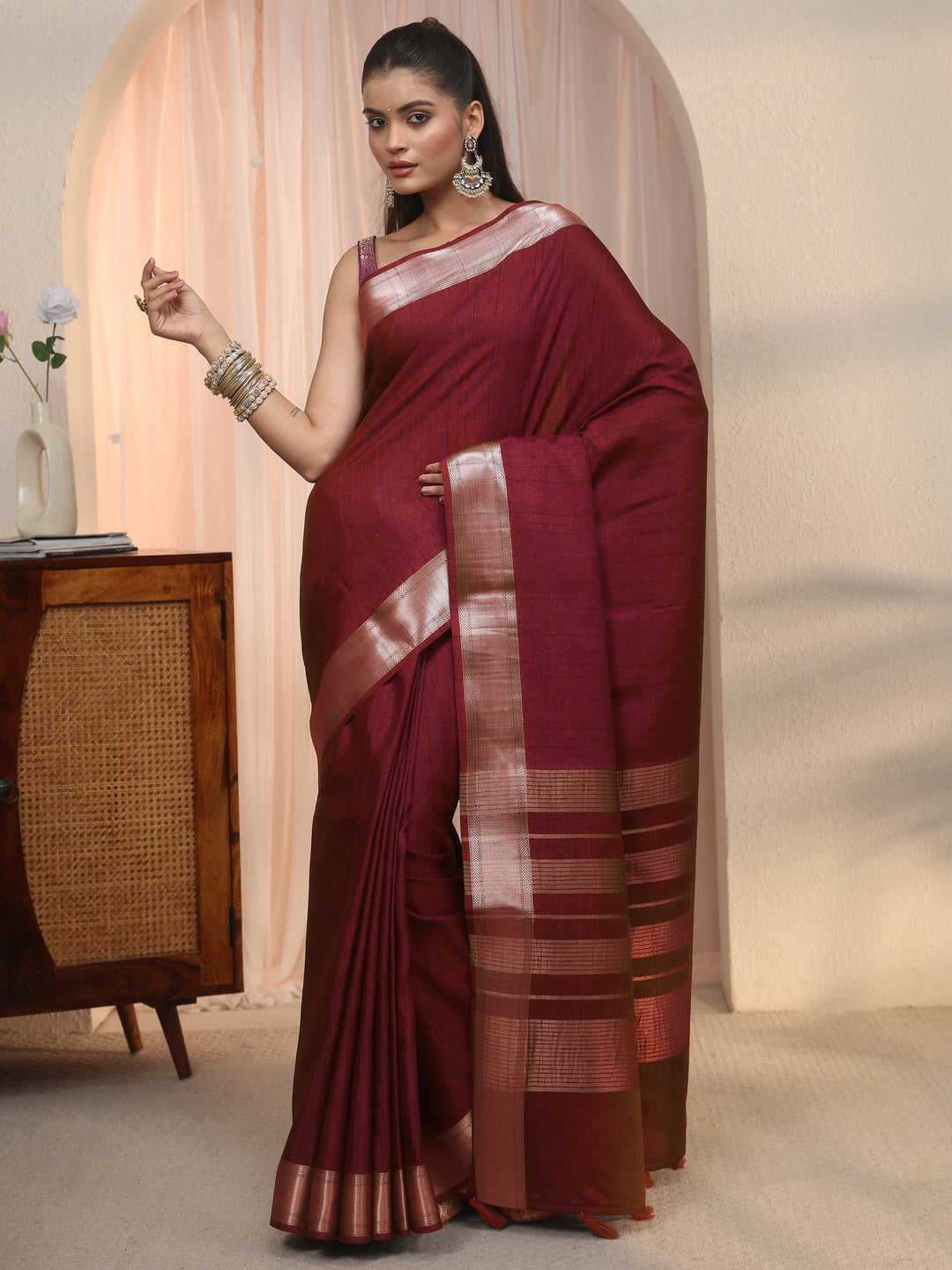 Libas Maroon Woven Border Silk Blend Tassel Saree