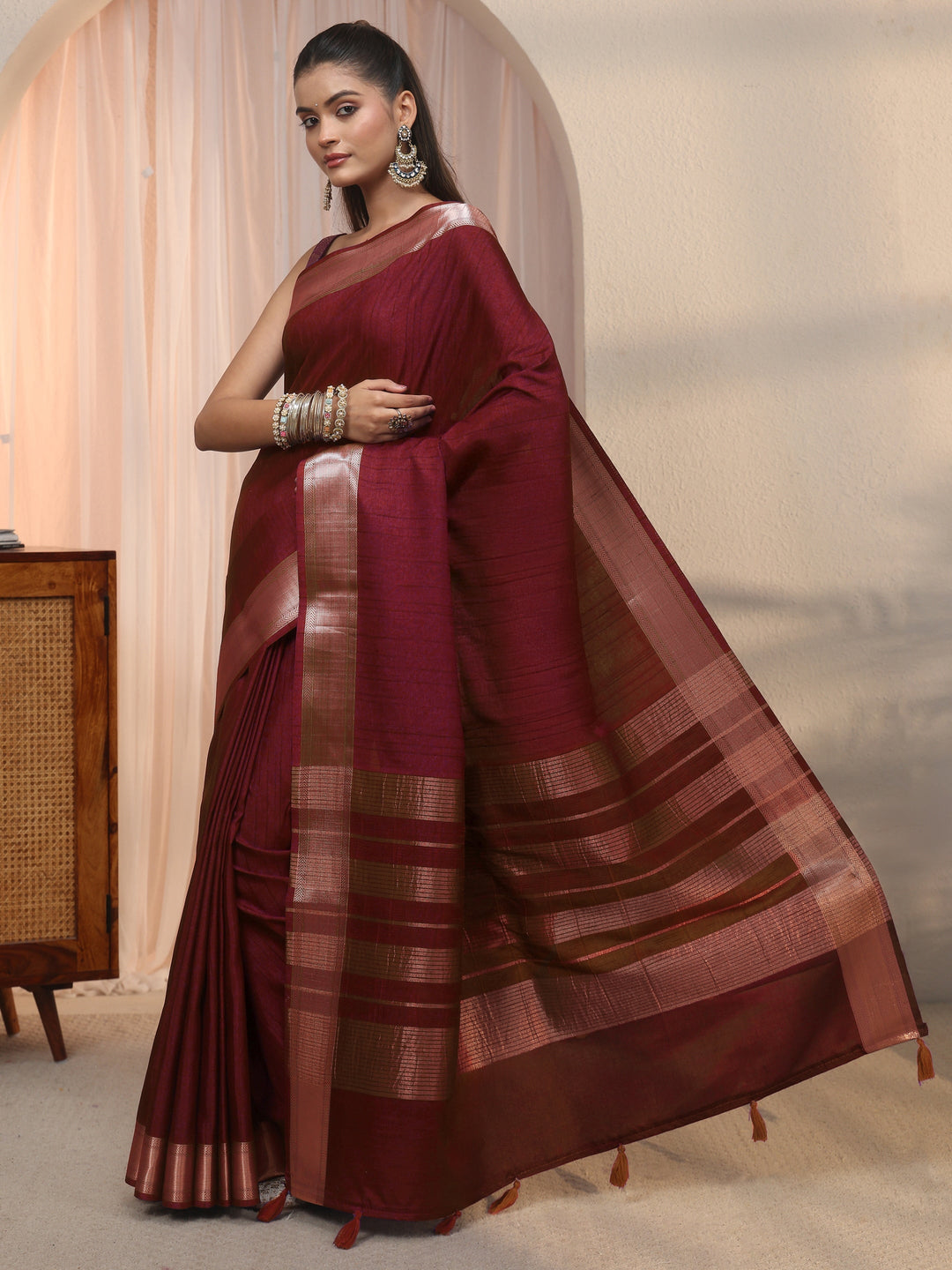 Libas Maroon Woven Border Silk Blend Tassel Saree