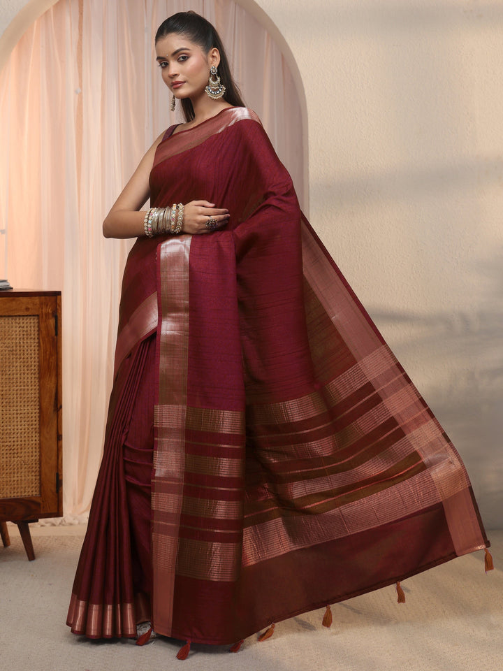 Libas Maroon Woven Border Silk Blend Tassel Saree