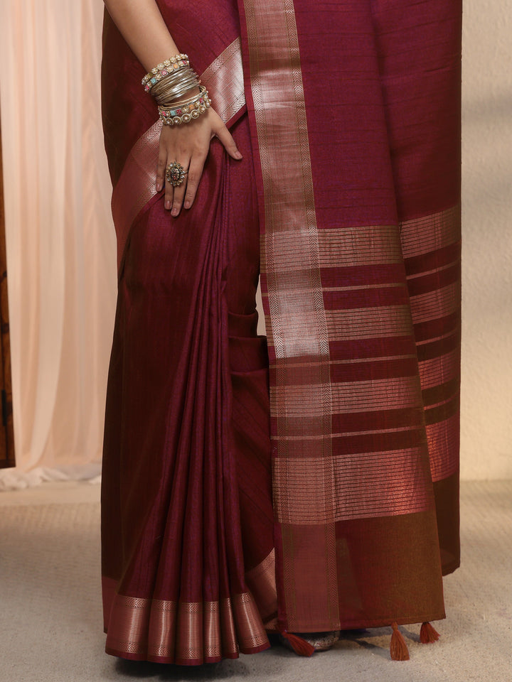 Libas Maroon Woven Border Silk Blend Tassel Saree