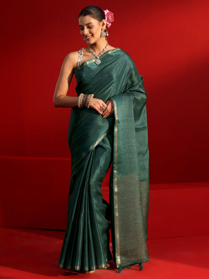 Libas Green Silk Blend Tassel Saree with Woven Design Border