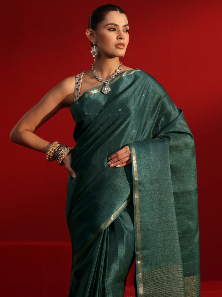 Libas Green Silk Blend Tassel Saree with Woven Design Border