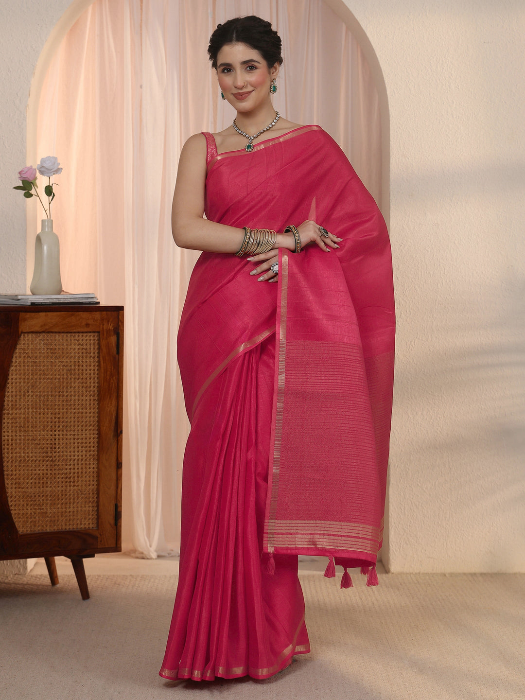 Libas Hot Pink Woven Border Silk Blend Tassel Saree