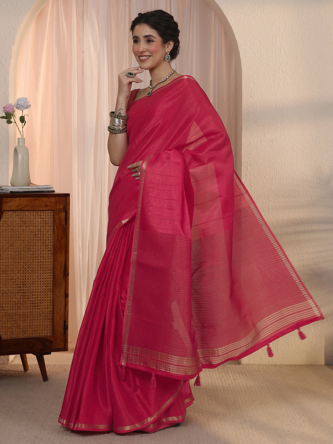 Libas Hot Pink Woven Border Silk Blend Tassel Saree