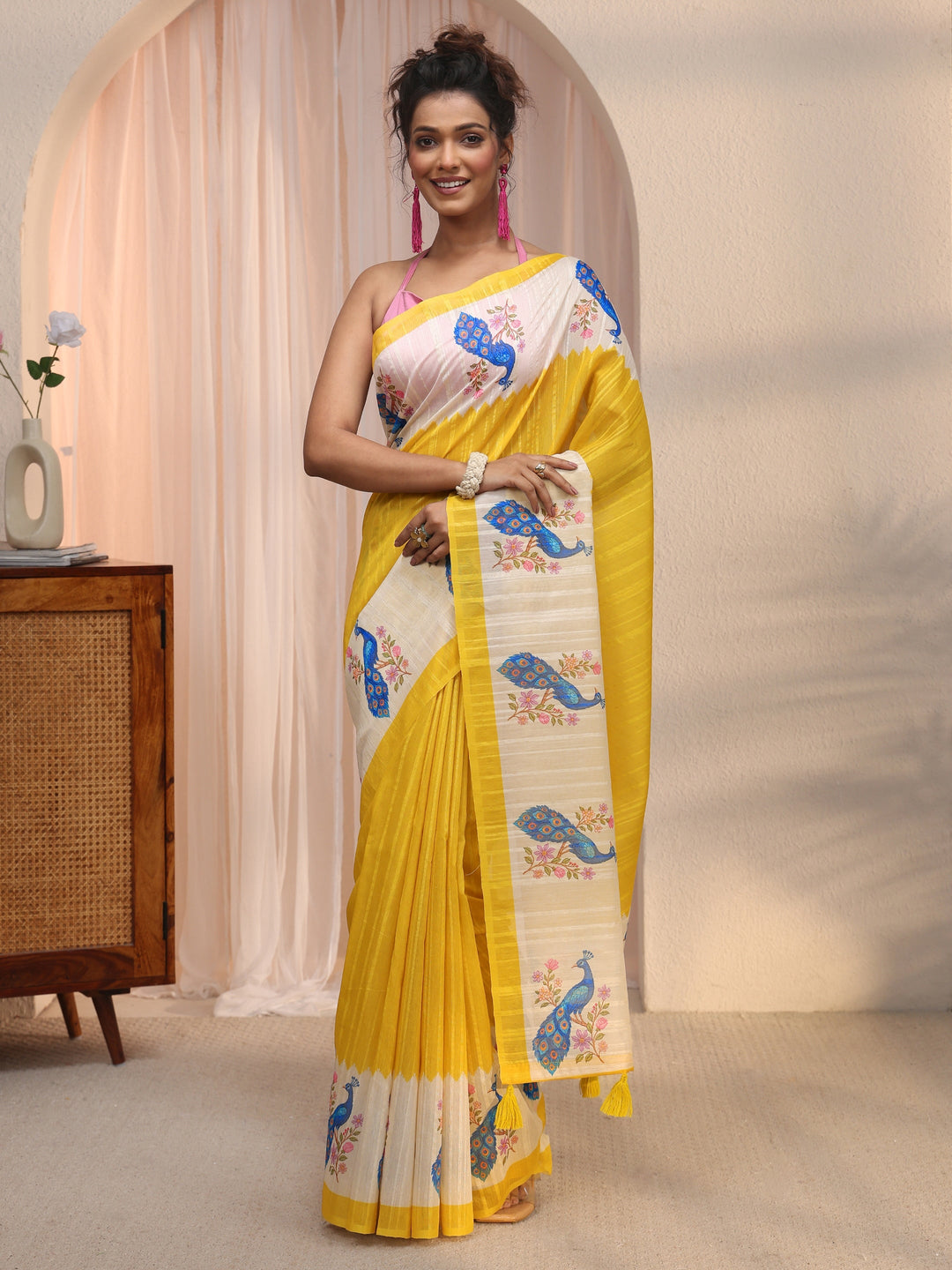Libas Yellow Peacock Printed Border Silk Blend Saree