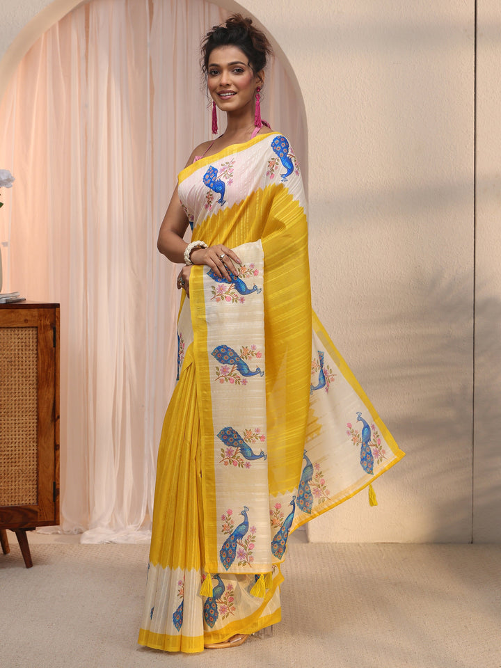 Libas Yellow Peacock Printed Border Silk Blend Saree