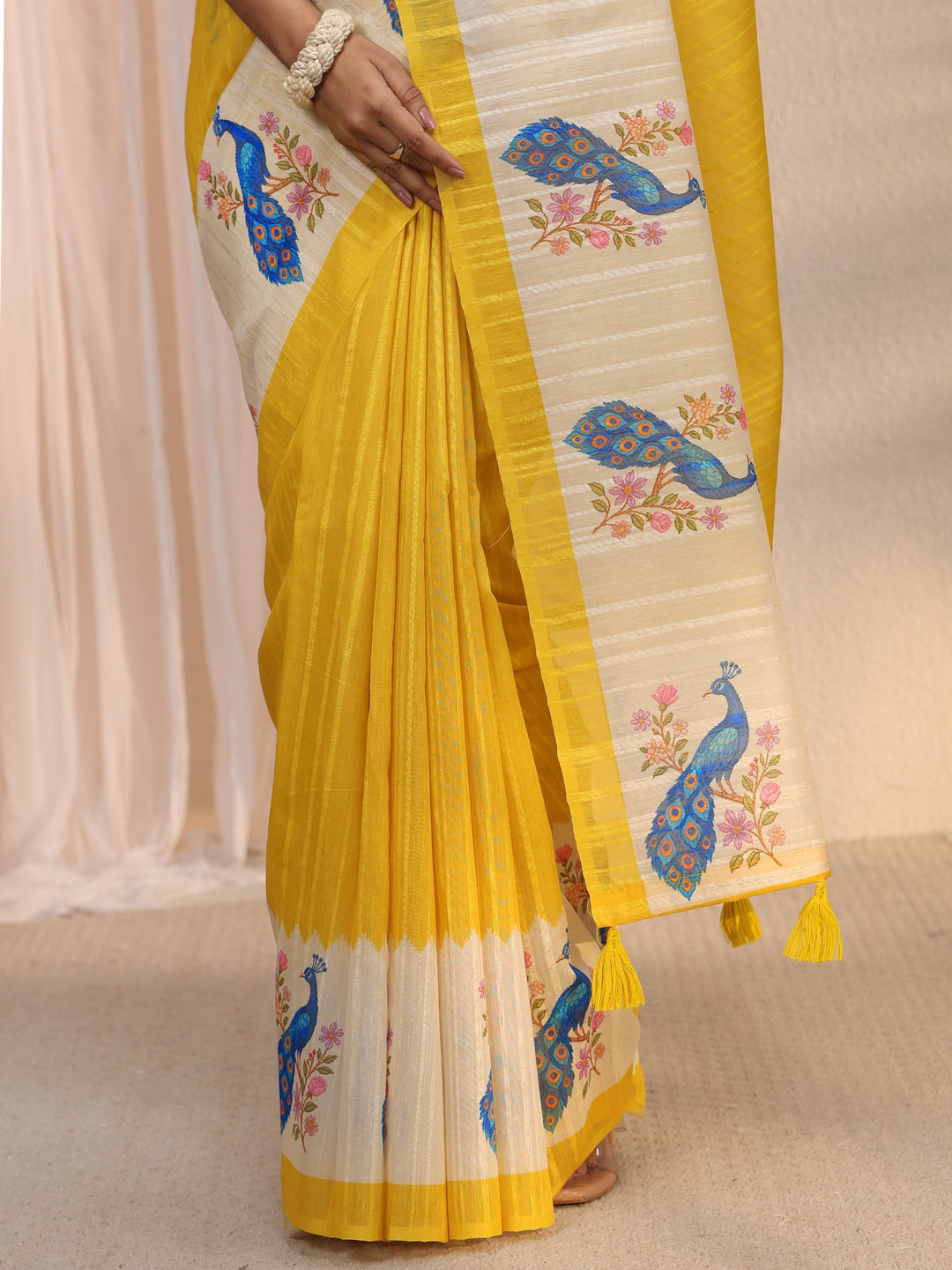 Libas Yellow Peacock Printed Border Silk Blend Saree