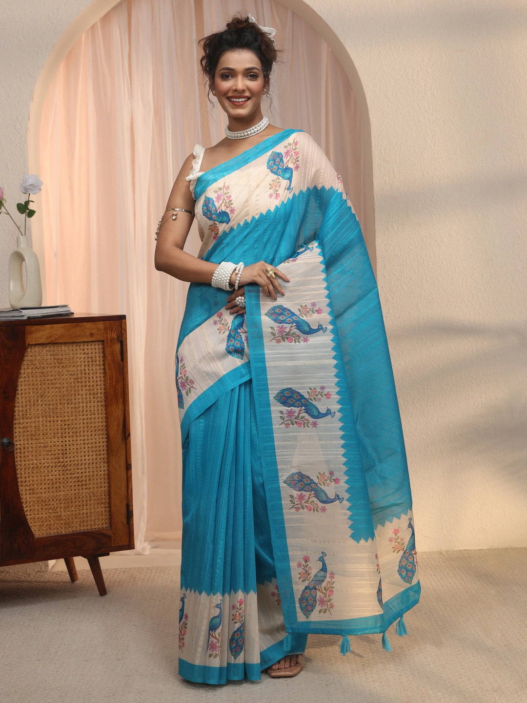 Libas Aqua Blue Peacock Printed Border Silk Blend Saree