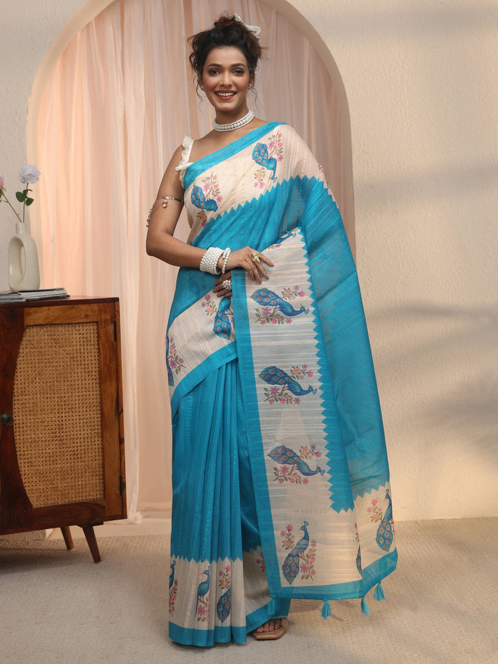 Libas Aqua Blue Peacock Printed Border Silk Blend Saree