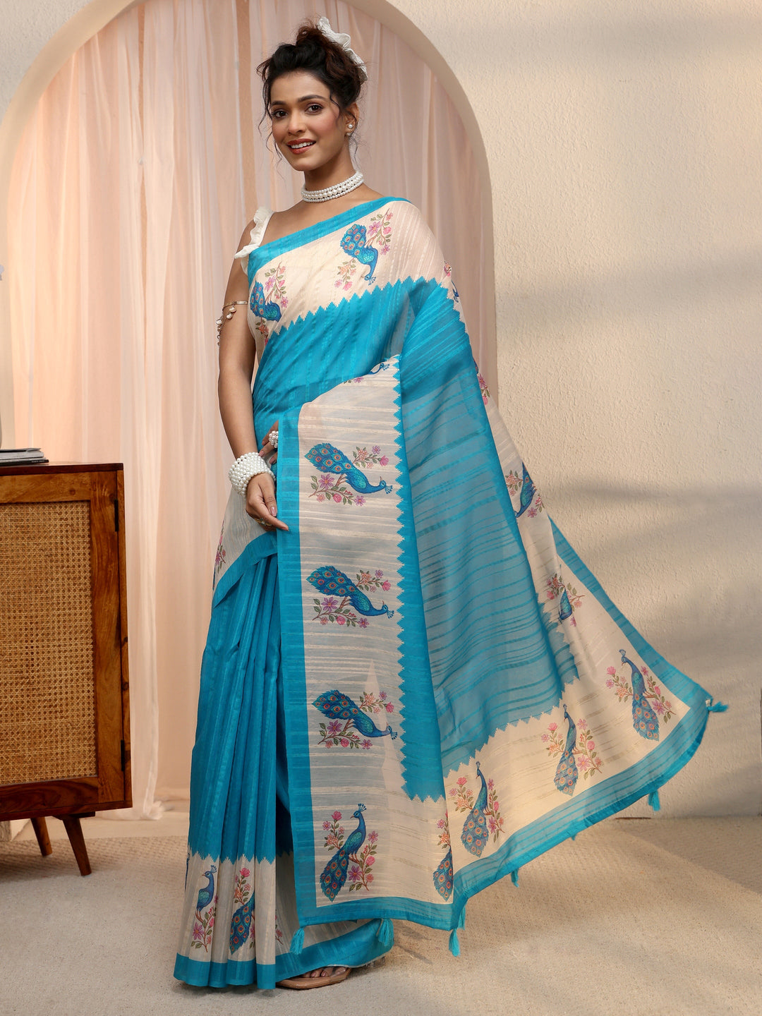 Libas Aqua Blue Peacock Printed Border Silk Blend Saree