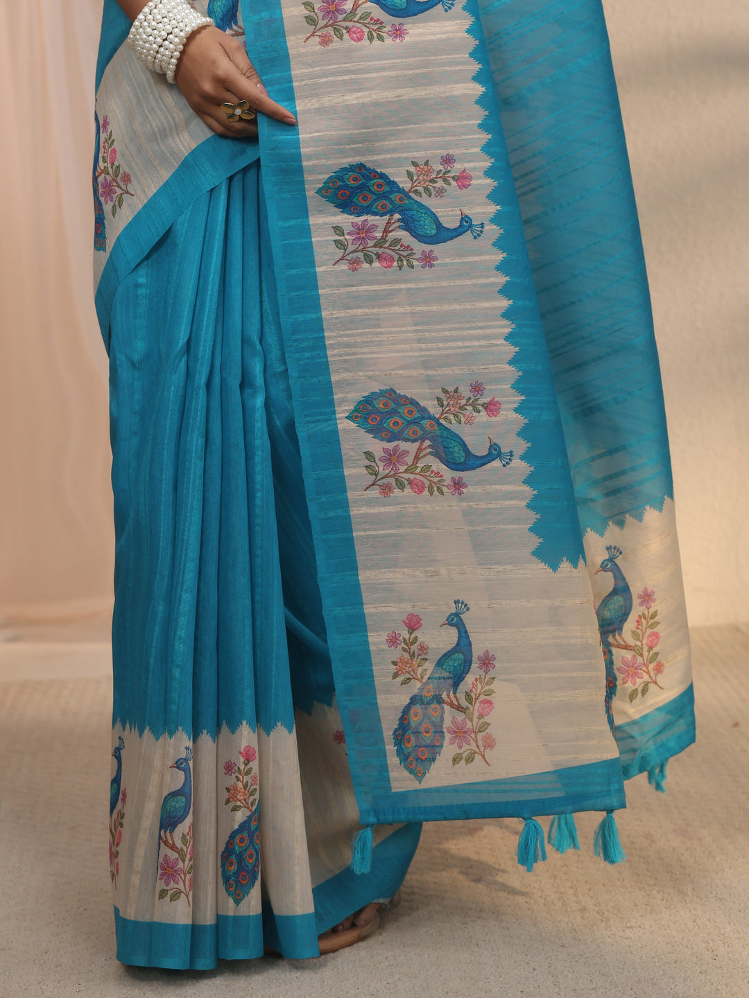 Libas Aqua Blue Peacock Printed Border Silk Blend Saree