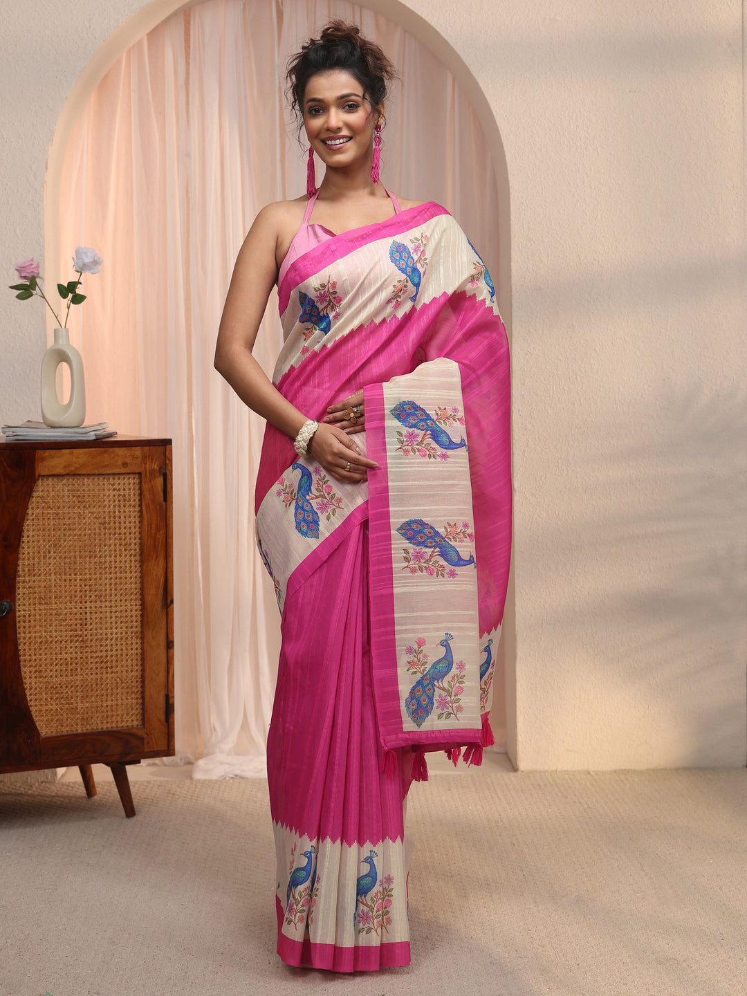 Libas Rani Pink Peacock Printed Border Silk Blend Saree