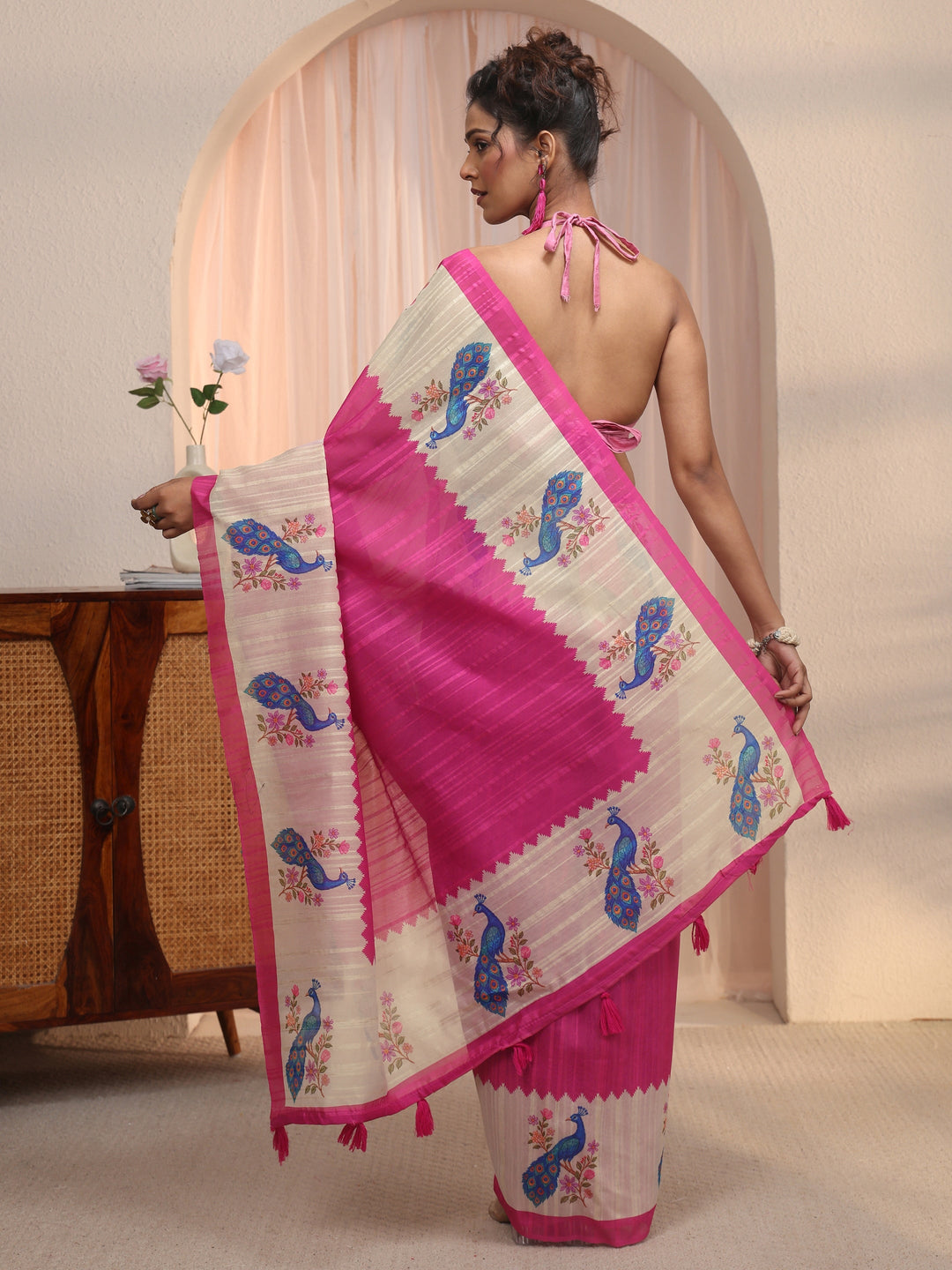 Libas Rani Pink Peacock Printed Border Silk Blend Saree