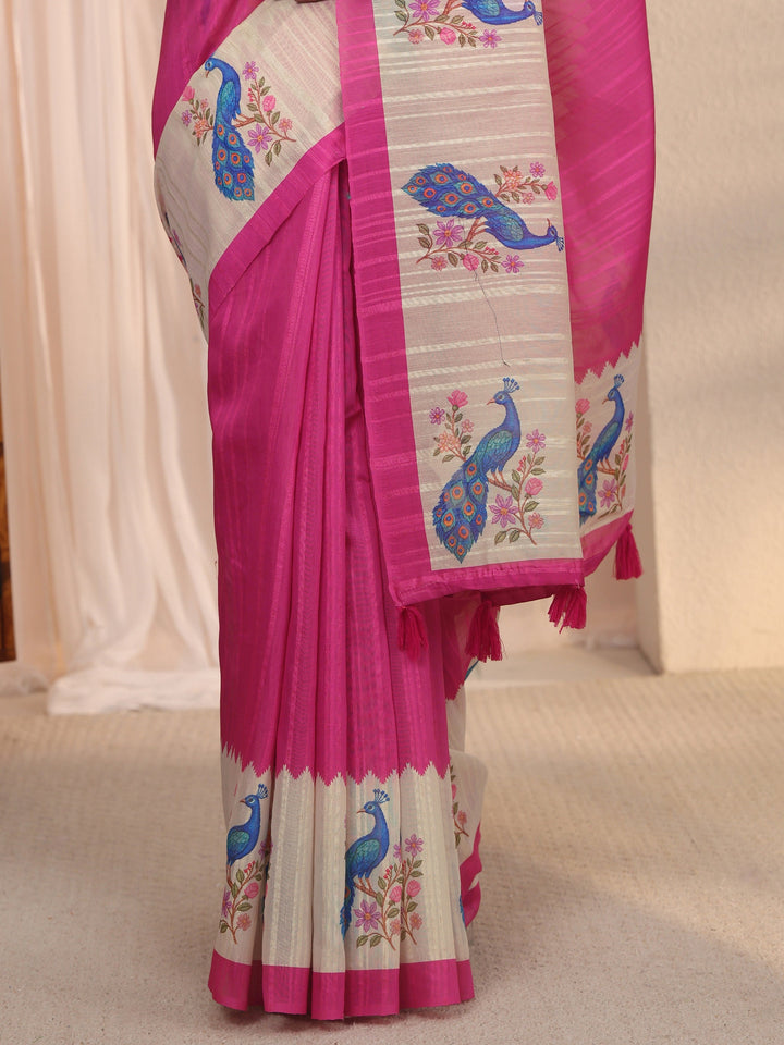 Libas Rani Pink Peacock Printed Border Silk Blend Saree
